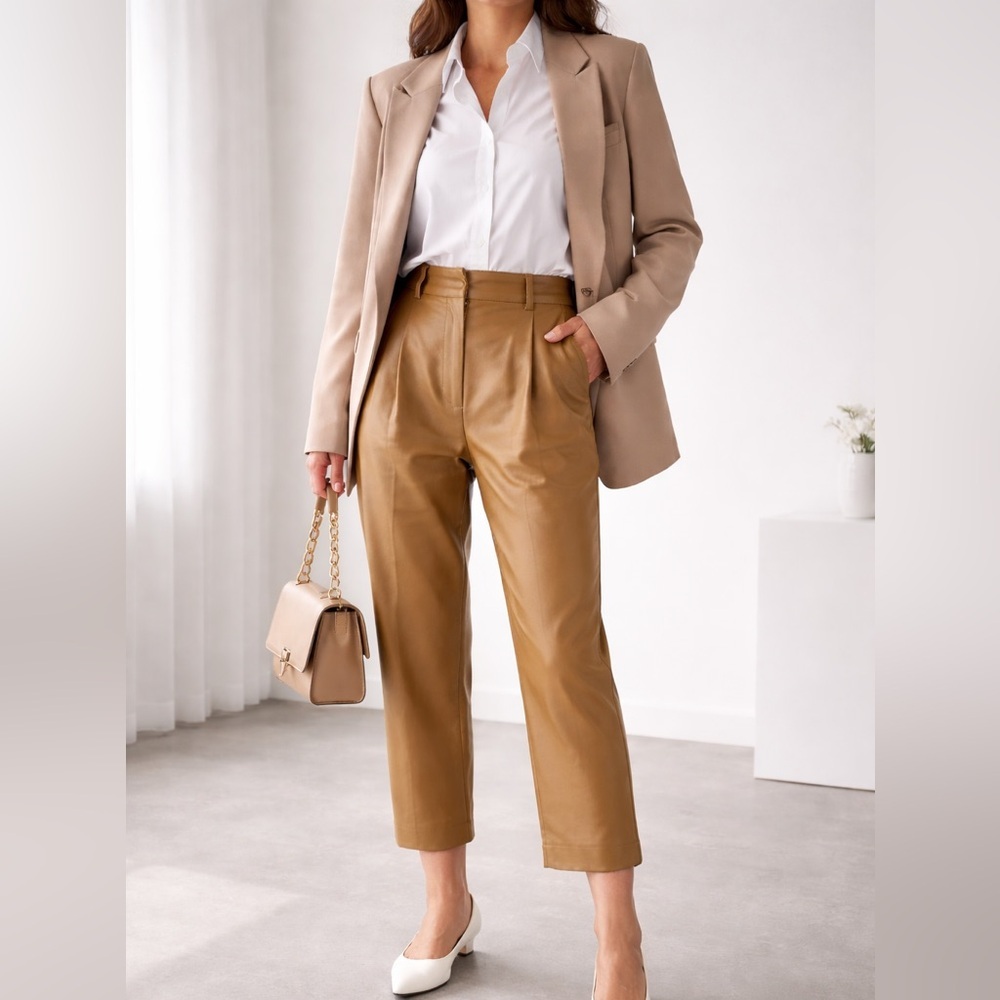 Vero Moda Tan caramel faux leather Women's pleated Trousers cropped size medium